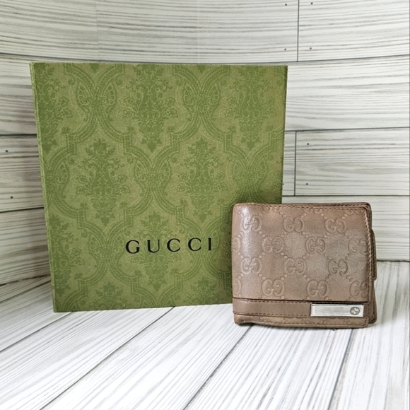 Gucci Leather Monogram Bi Fold Wallet in Beige and Silver - Picture 1 of 15